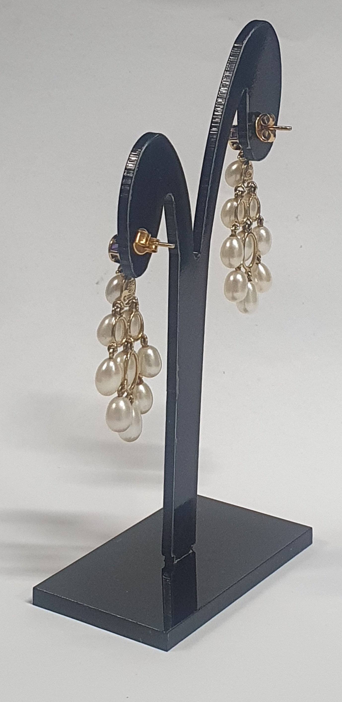9ct yellow gold Pearls & Amethyst drop earrings