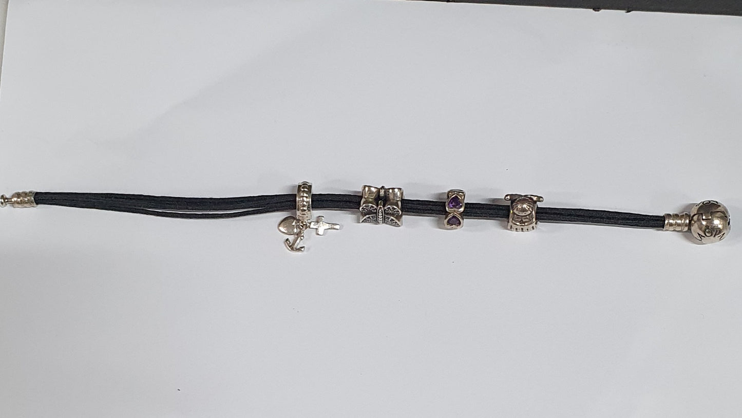 Authentic pandora Black multi-strand cord bracelet with 4 charms 925 sterling silver