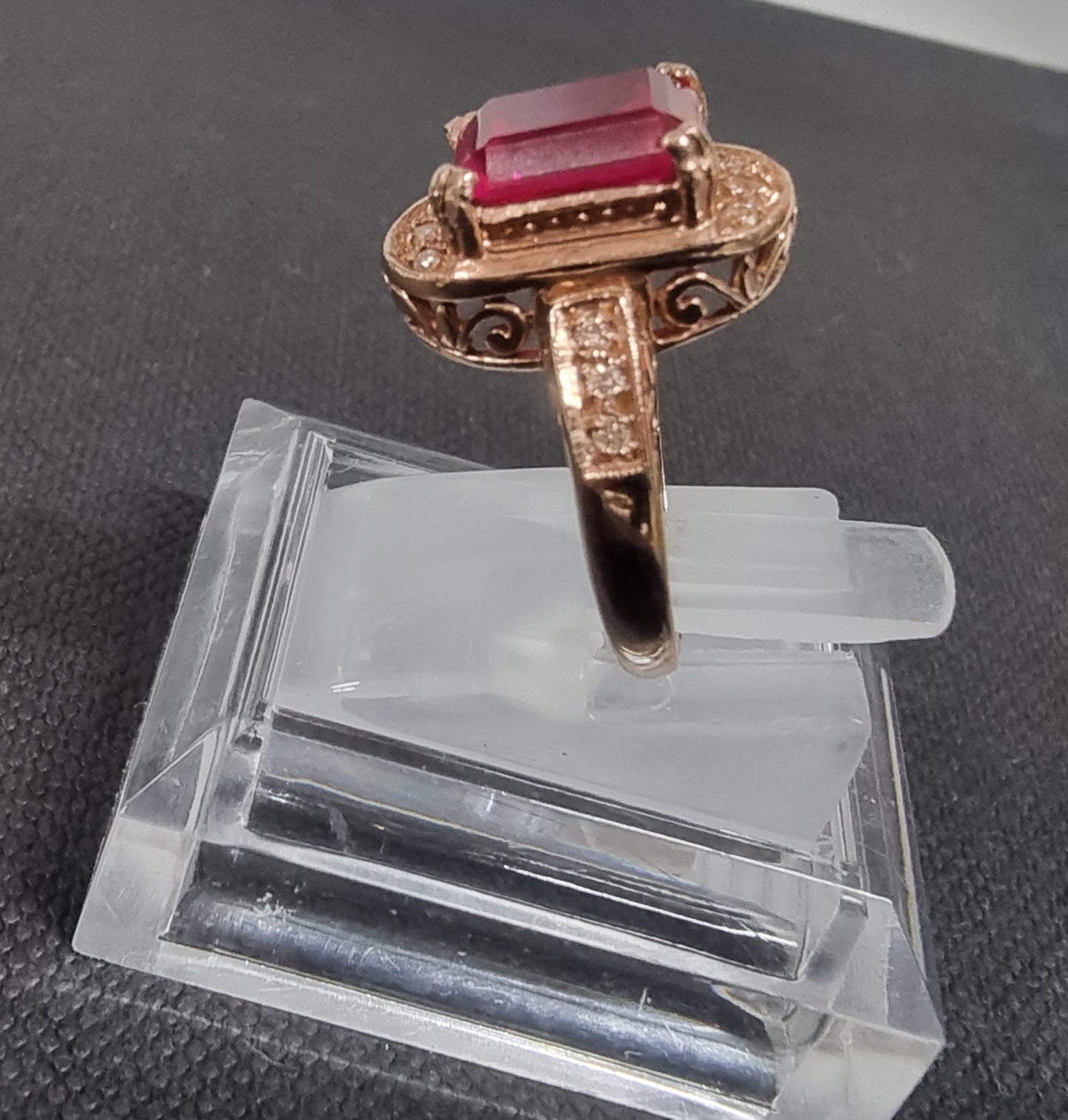 9K Rose Gold Synthetic Ruby and Diamonds Ring