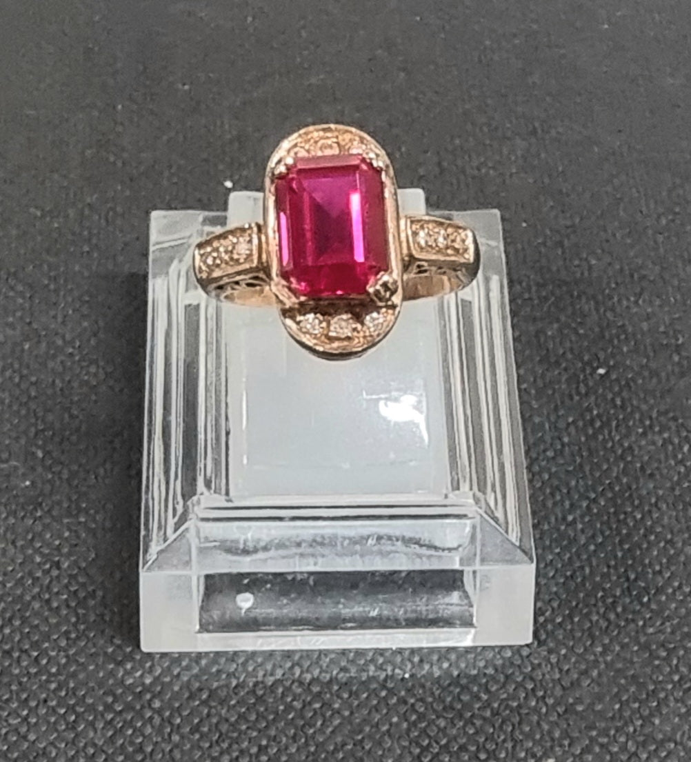 9K Rose Gold Synthetic Ruby and Diamonds Ring