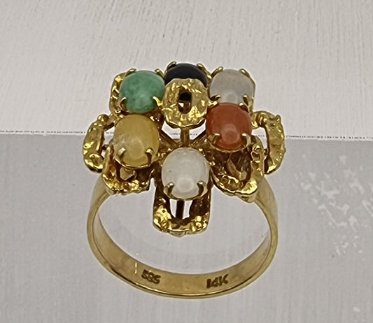 This stylish ring is made of 14ct yellow gold contains 6 multi coloured jade stone