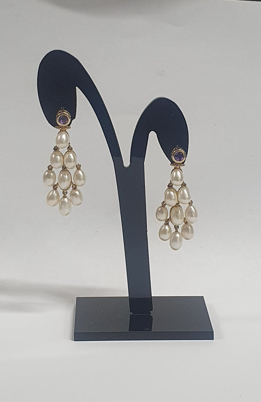 9ct yellow gold Pearls & Amethyst drop earrings